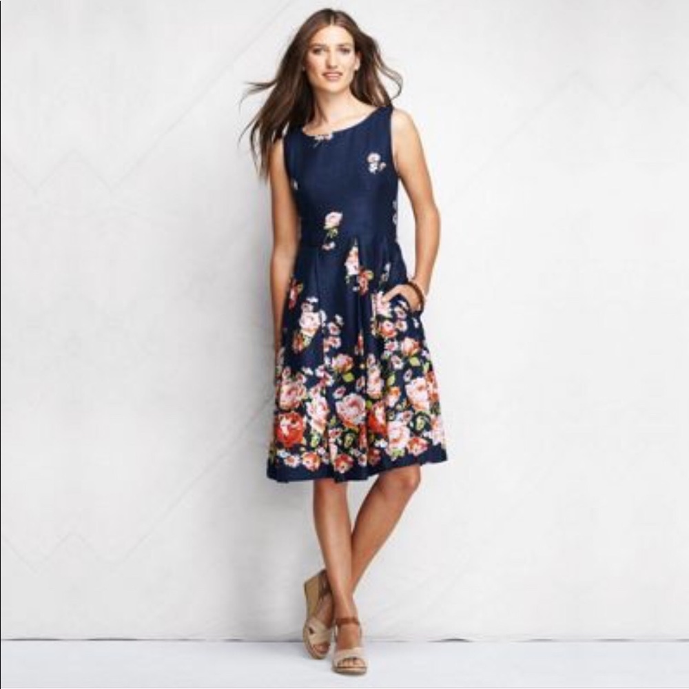 Lands’ End Navy Floral Linen Dress Sz 4